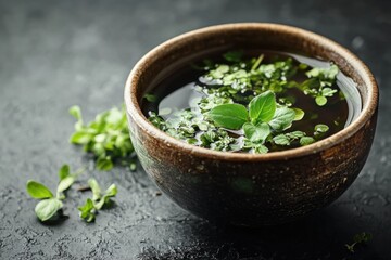 Close-up of a bowl containing fresh herbs and green tea, suggesting health benefits or culinary use.