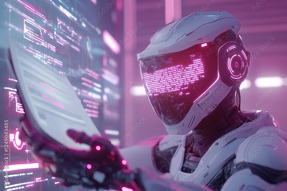 Aufkleber A cyberpunk-inspired digital briefing document being handed out by a neon-lit robotic assistant in a futuristic setting