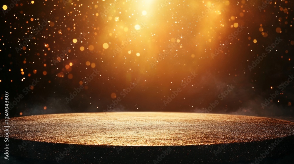 Poster on stage, soft gold sparkle rays shine with an elegant bokeh show, highlighted by an abstract backgr