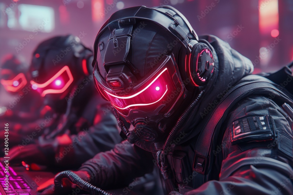 Poster a cyberpunk-inspired teamwork concept where neon-lit avatars collaborate in a futuristic virtual rea