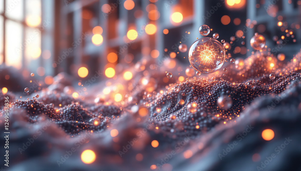 Poster glowing orb over sparkling particle landscape