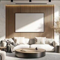 Modern Living Room Interior with White Sofa and Wood Accents