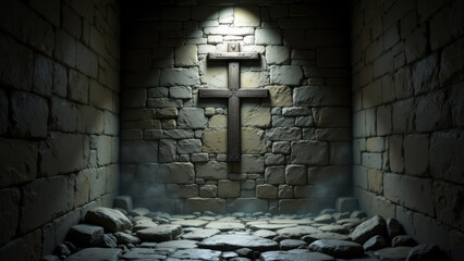 Ancient dungeon with stone walls and a cross on the center.