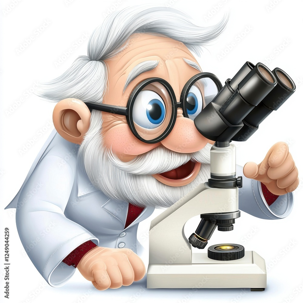 Poster scientific experiment with cartoon scientist using microscope in laboratory fun and educational envi