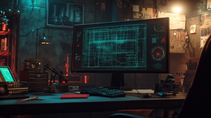 In an office setting, a modern computer monitor on an office desk is showing detailed millwork shop drawings in AutoCAD, highlighting intricate cabinets