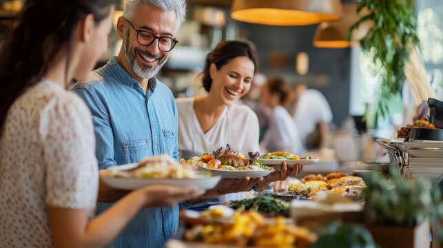 A buffet-style restaurant with a wide variety of international cuisines and happy customers