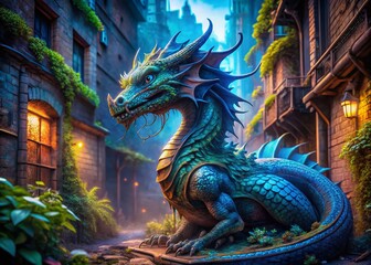 Fototapeta premium Glowing Blue Dragon in Abandoned Urban Ruins - Fantasy Stock Photo