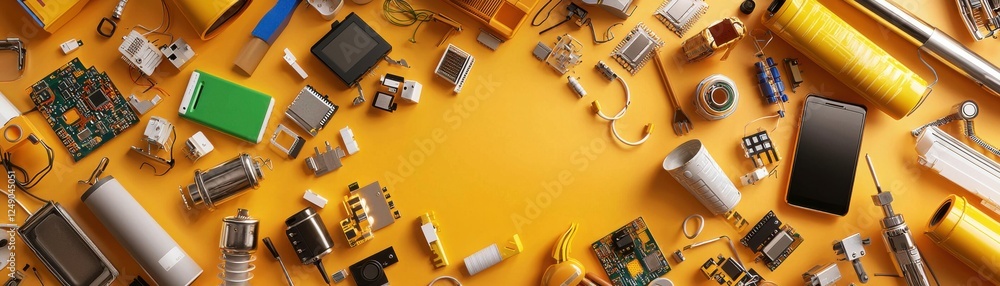Poster a vibrant flat lay of various electronic parts and components on a yellow background, showcasing a r