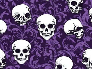 Repeating pattern of white skulls on a dark purple background with ornate floral swirls