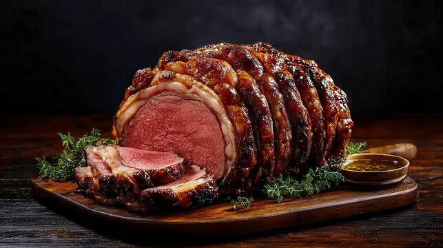 Roasted prime rib sliced on a wooden cutting board, garnished with fresh herbs, rich brown color, warm lighting, appetizing, succulent, ready to eat