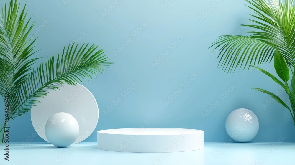 Poster a stylish abstract setting showcases a white cylinder pedestal alongside two geometric spheres. lush