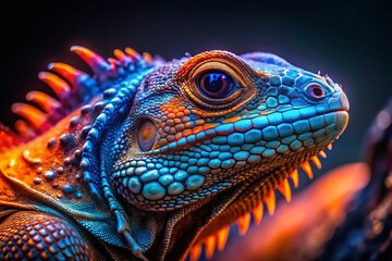Fototapeta premium Glowing Neon Lizard Closeup: Mystical Reptile with Orange & Blue Scales in Dark Setting