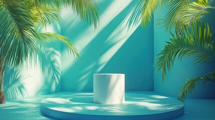 Fototapeta premium White cylinder podium in tropical setting.