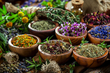 Close-up shots of dried herbs, roots, and botanical extracts in a traditional herbalist's apothecary generative AI