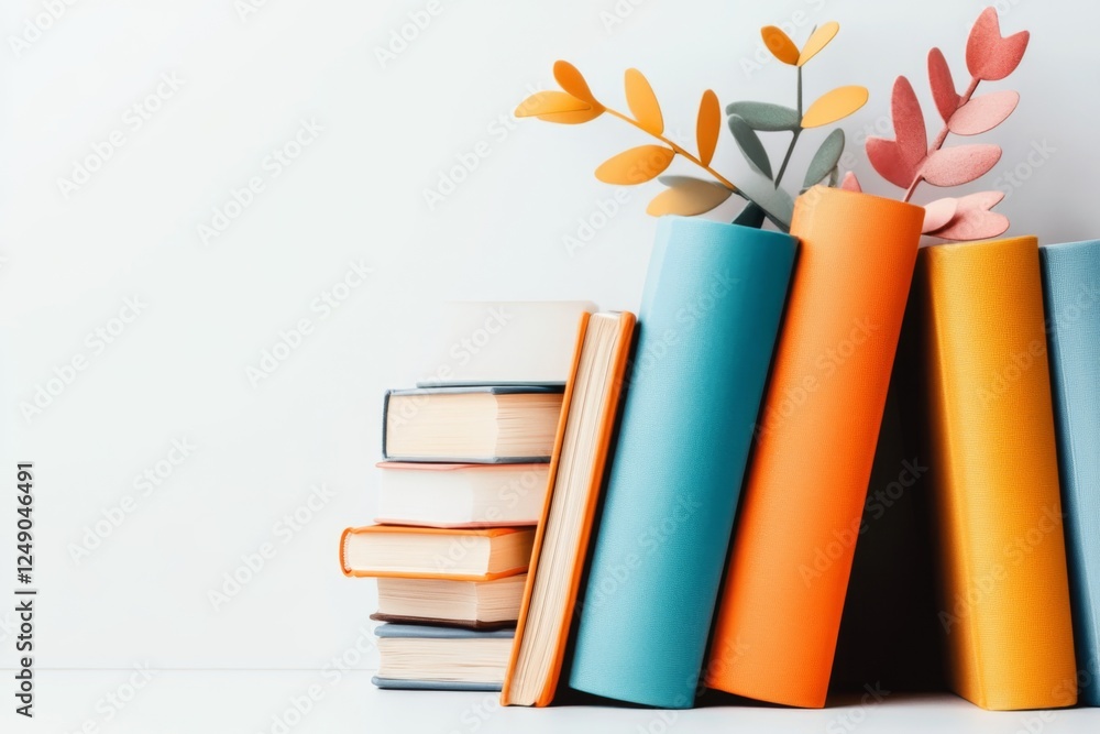 Poster A flat, modern design of a bookshelf with three books neatly aligned, representing a library section