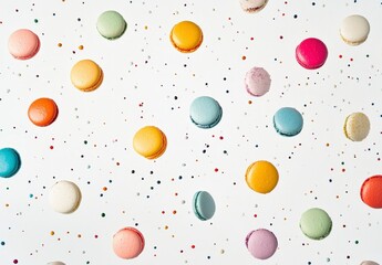 Colorful Macarons on a White Background with Sprinkles and Dots