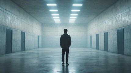 Man standing alone in futuristic corridor, lights, uncertainty