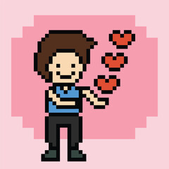 Obraz premium Cute pixel cartoon 8bit character man feel love happy happiness heart emotion decoration in love 8 bit male boy happy favorite like mood game vector.