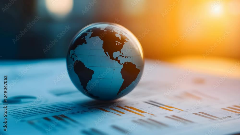 Poster globe resting on business report with warm sunlight shining in background