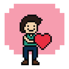 Fototapeta premium Cute pixel cartoon 8bit character man feel love happy happiness heart emotion decoration in love 8 bit male boy happy favorite like mood game vector.