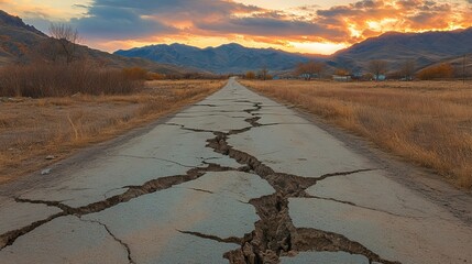 The earthquake left the road fractured and broken, debris scattered everywhere along it