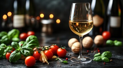 White wine with tomatoes, basil, and pasta.