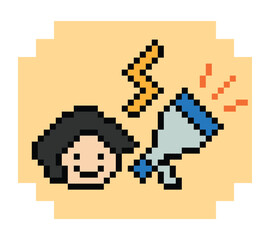 Fototapeta premium Cute pixel cartoon character man with megaphone announcement speaker information announce decoration 8 bit male boy megaphone cartoon pixel game png vector.