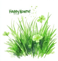 Watercolor painting of green grass with flowers and the text Happy Nowruz on a white background.
