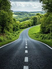 Fototapeta premium Winding Country Road with Serene Atmosphere Leading Through Verdant Landscape Under Open Sky