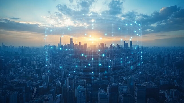 Futuristic Cityscape with Digital Network Overlay Illuminated by Warm Sunset Glow