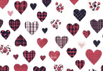 Colorful Heart Patterns with Floral and Plaid Designs on White Background