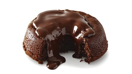 A decadent chocolate lava cake with molten chocolate oozing out, served on a clean white background