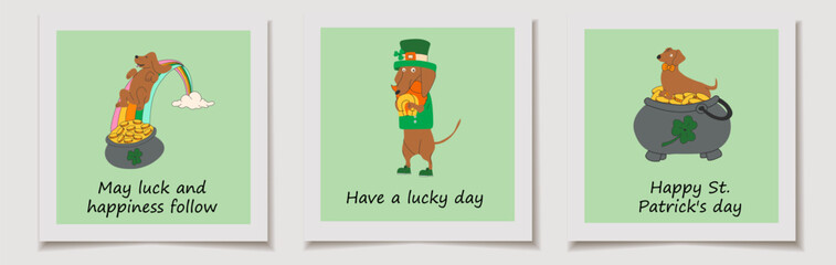 Set of St. Patrick's Day cards with retro cartoon characters designed as St. Patrick's Day mascots
