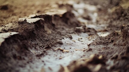 Natural, dirt-covered ground showing muddy conditions for walking or driving. Footprints and puddles indicate recent activity.