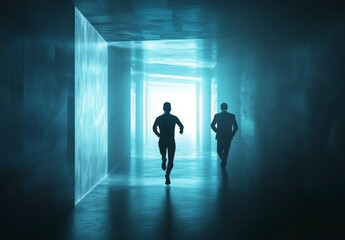 Obraz premium Two Silhouetted Figures Running Towards a Bright Light in a Tunnel