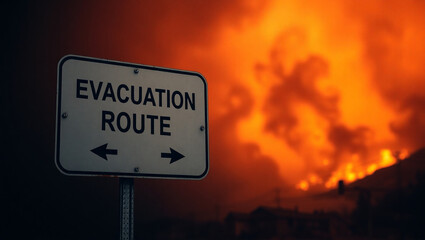 Road Sign with 'Evacuation Route' and Wildfire Smoke in the Background