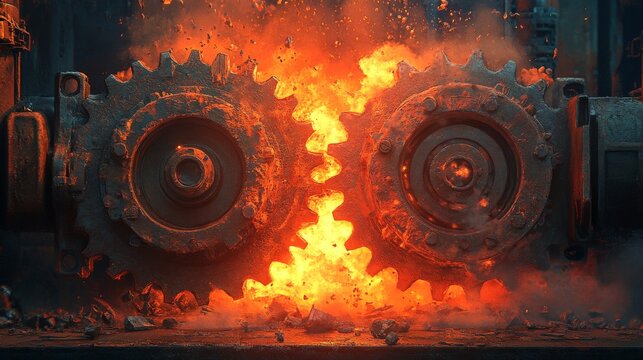 A photorealistic depiction of two massive gears clashing and emitting sparks, with a stunning liquid cascading between them to quell the sparks