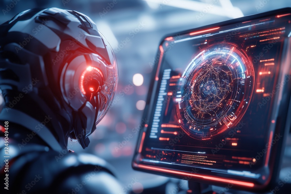 Aufkleber a high-tech futuristic holographic screen displaying an ai-generated topic list for a research discu