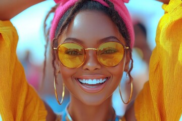 vibrant 3d character illustration of joyful black woman in colorful casual wear dynamic pose with raised arms expressive face with bright smile