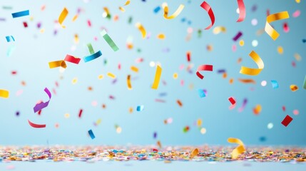 Colorful Confetti Falling in Celebration Against Soft Blue Background