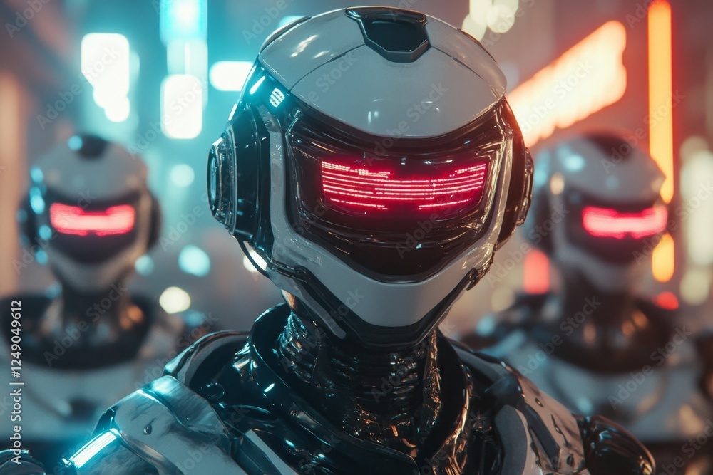 Poster A high-tech futuristic teamwork concept where human workers and AI robots collaborate in a neon-lit workspace