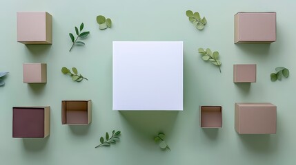 Minimalist arrangement of boxes and leaves on green background