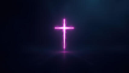 Fototapeta premium A glowing purple cross against a dark background with soft light effects.