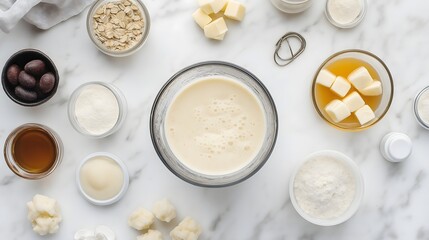 Ingredients for Homemade Lotion or Cream Preparation on Marble Surface