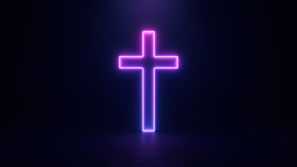 Fototapeta premium Neon cross against black background with light reflection on the floor.