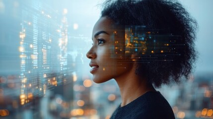 Woman looking at futuristic cityscape with digital overlay.