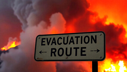Road Sign with 'Evacuation Route' and Wildfire Smoke in the Background