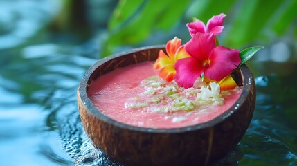 Pink smoothie bowl with flowers, served in a coconut shell, spa scene