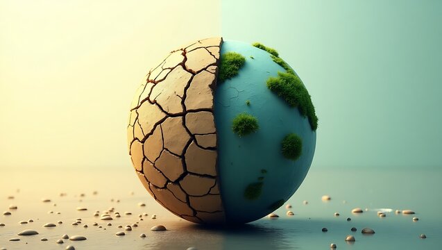 Cracked Dry Earth Transforming into Green Globe with Water Droplets for World Water Day