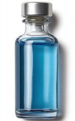 Small glass bottle containing light blue liquid, silver cap, studio shot against white background, isolated, clear glass bottle